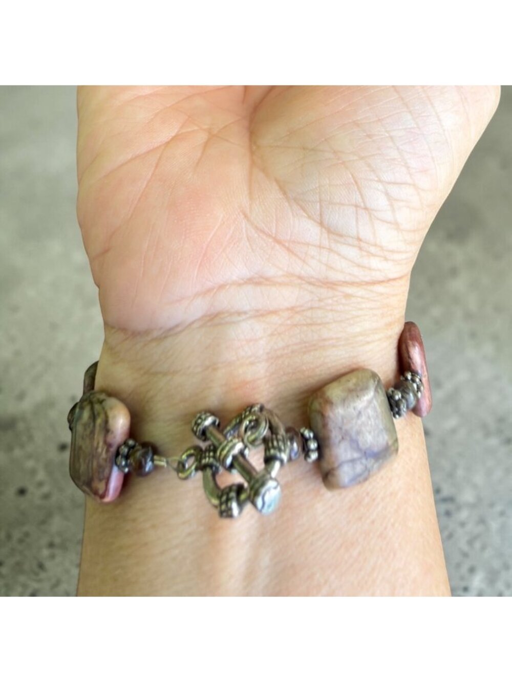 Vintage Jasper Stone Bracelet Earthy Square Beads W/ Toggle Clasp Handmade 7.5” - Picture 5 of 8